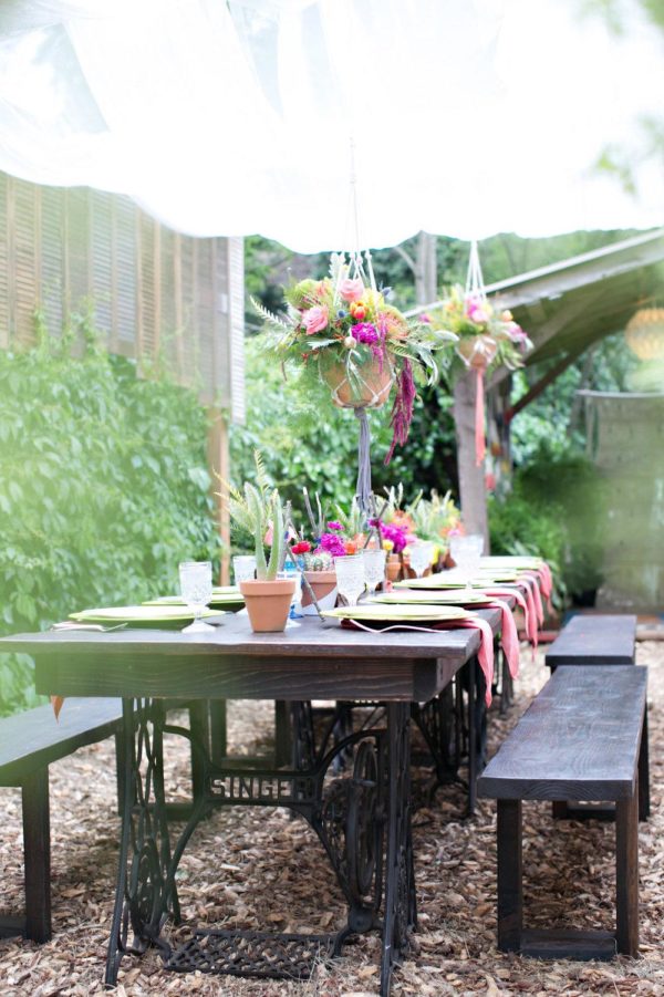 Southwest Boho Baby Shower- A boho farmhouse table tablescape for a backyard gathering.